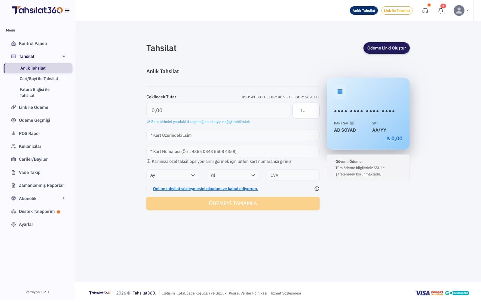 Tahsilat360 anlık tahsilat ekranı: çekilecek tutar, para birimi seçimi ve kart bilgileriyle 3D Secure ödeme formu